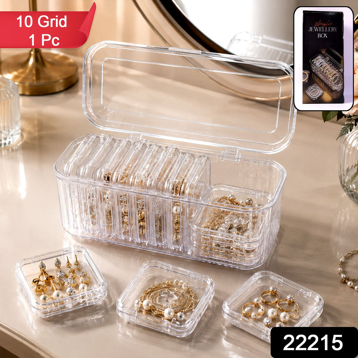 Acrylic Jewellery Storage Box Clear Organizer With 10 Compartments